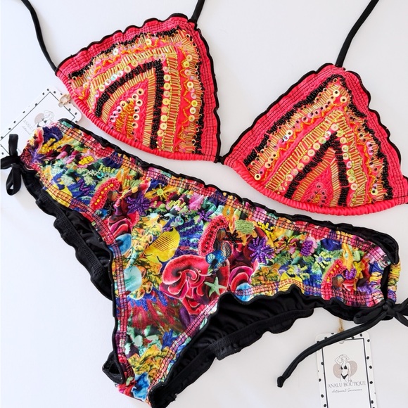 NWT Beaded Floral Embroidered Bikini Set Black and Orange Made in Colombia